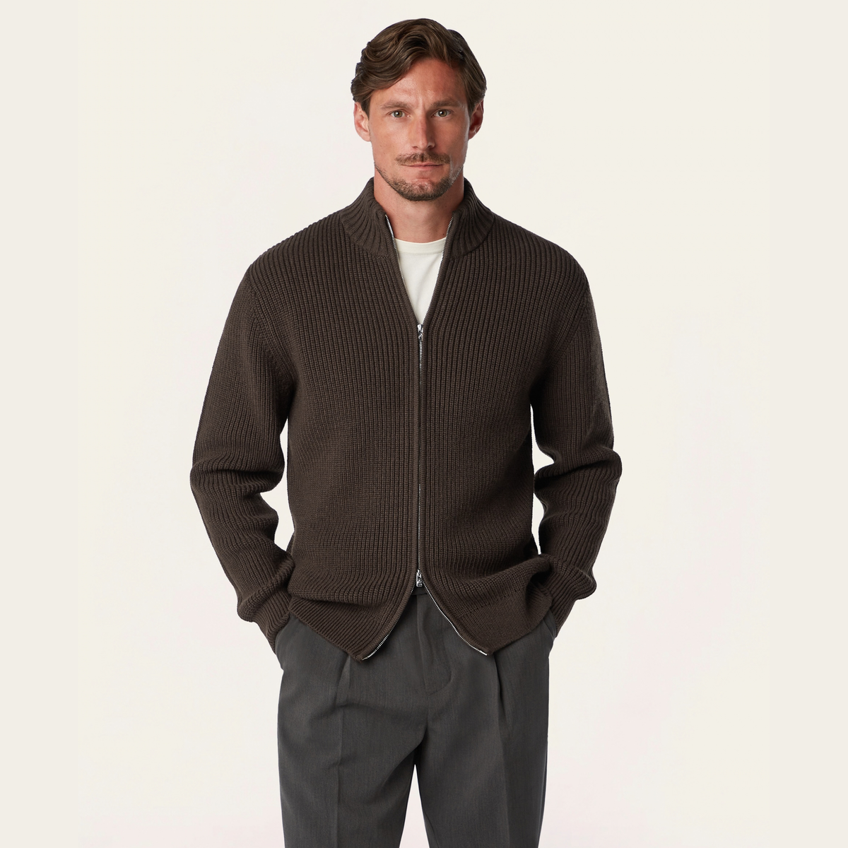 Heavy Seawool Full Zip Cardigan Dark Brown