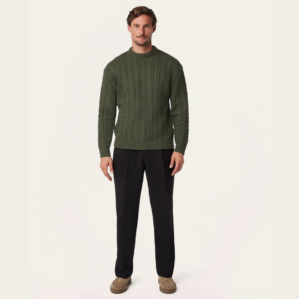 Heavy Seawool Cable Crewneck Dark Olive