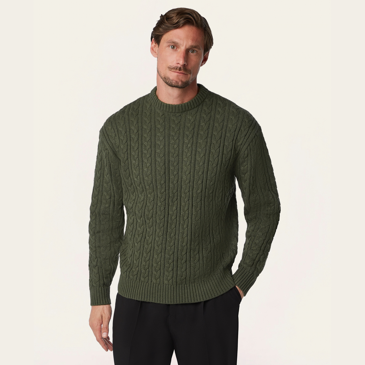 Heavy Seawool Cable Crewneck Dark Olive