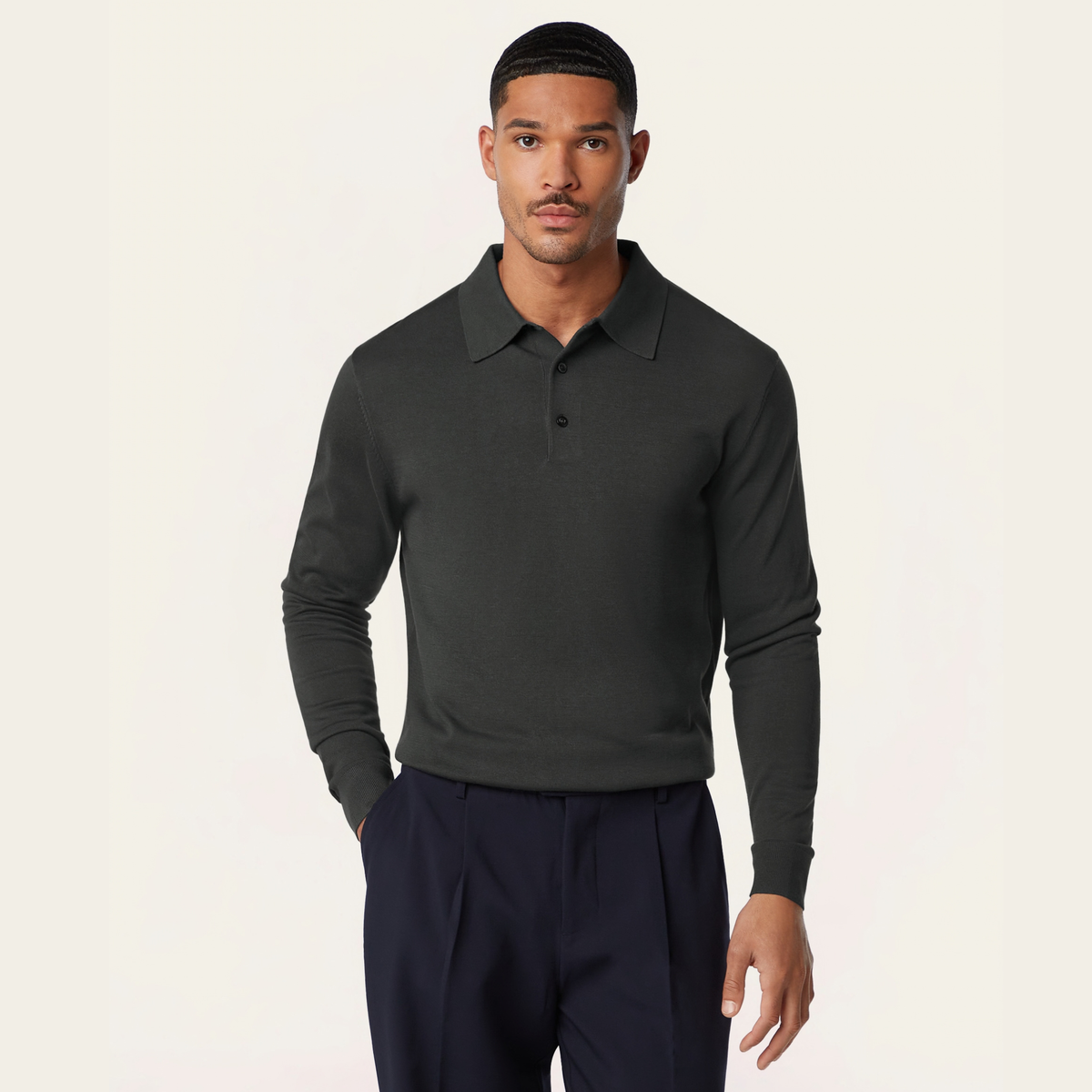 Knitted Long-sleeve Polo Dark Grey