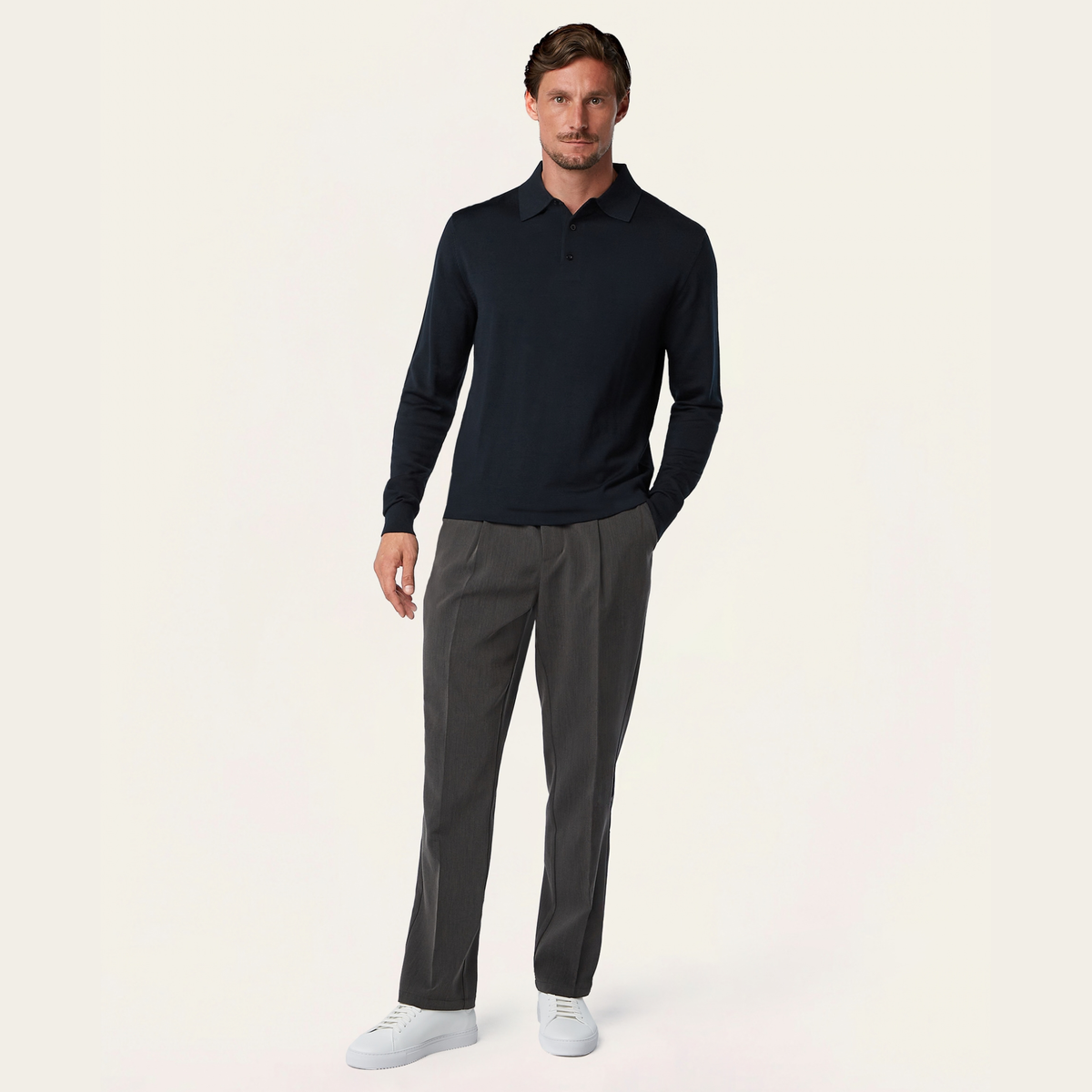 Knitted Long-sleeve Polo Navy