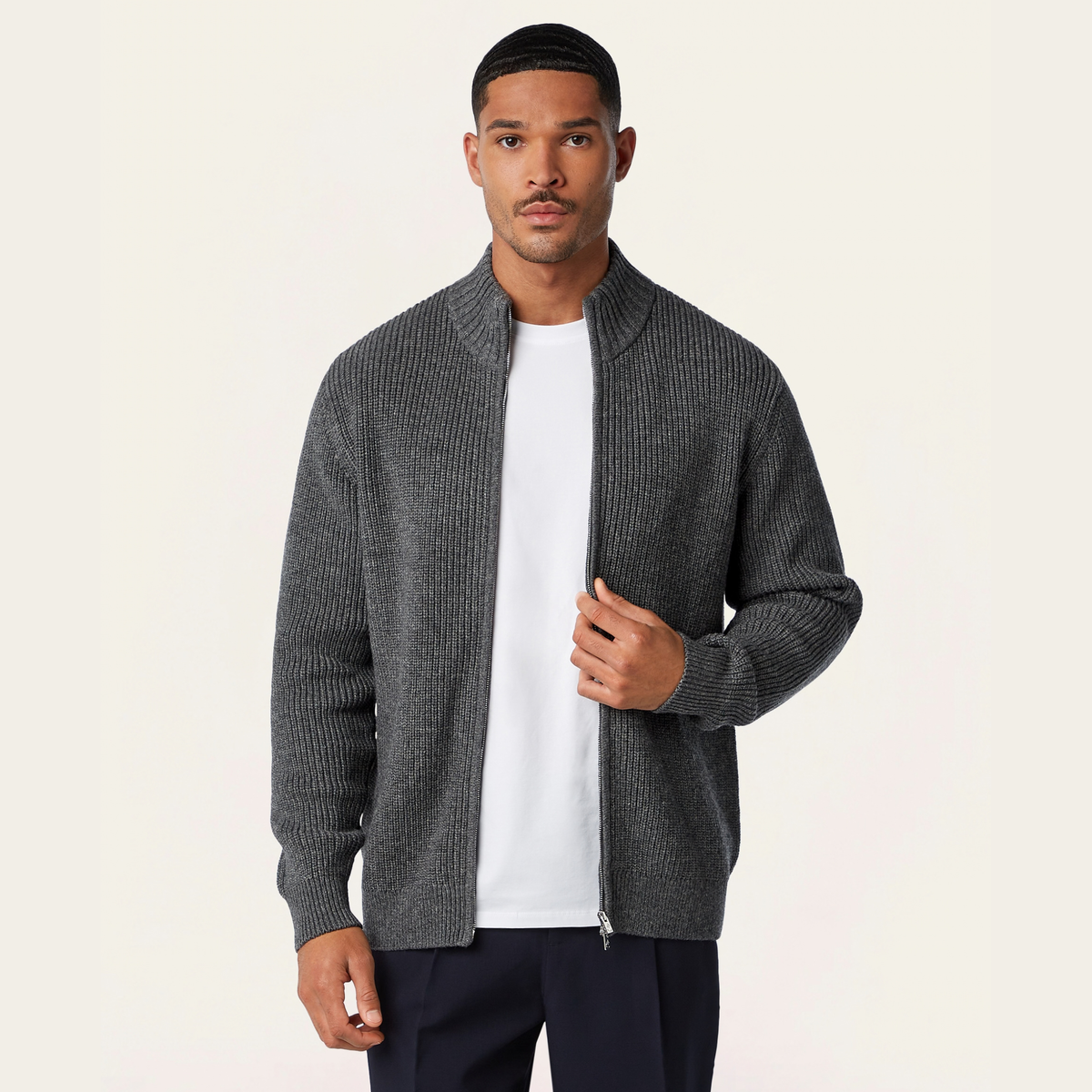 Heavy Seawool Full Zip Cardigan Dark Grey