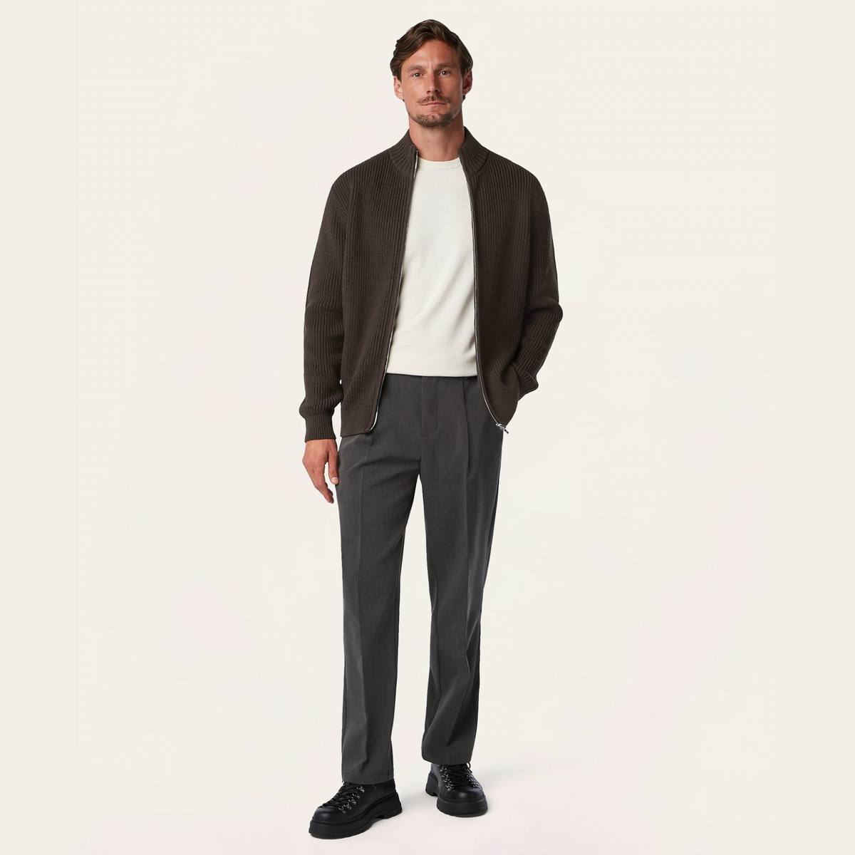 Heavy Seawool Full Zip Cardigan Dark Brown