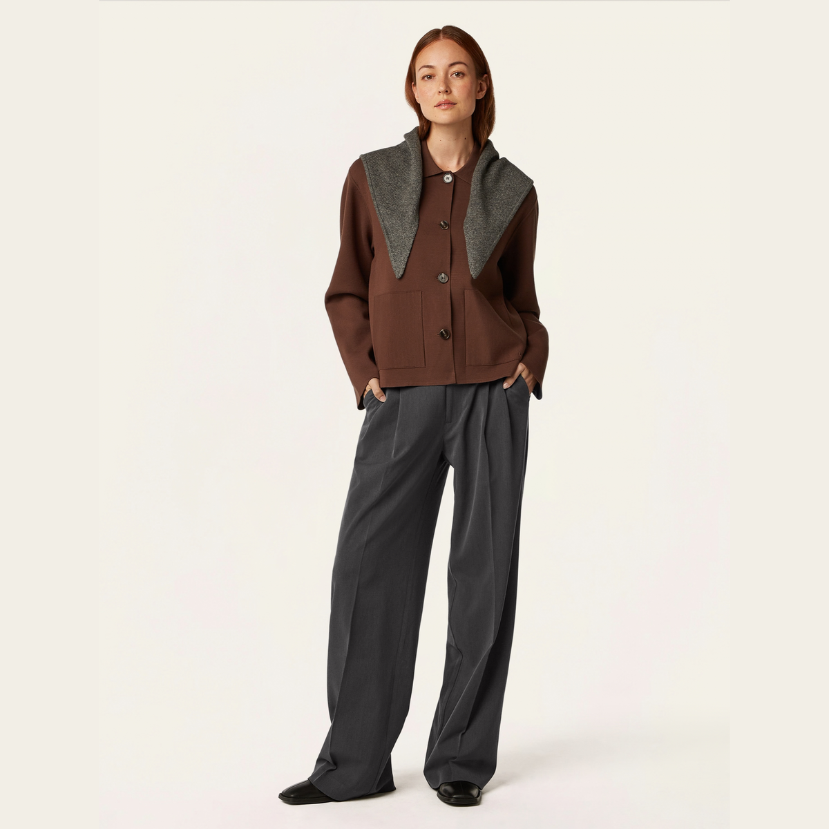 Boxy Jacquard Cardigan - Brown