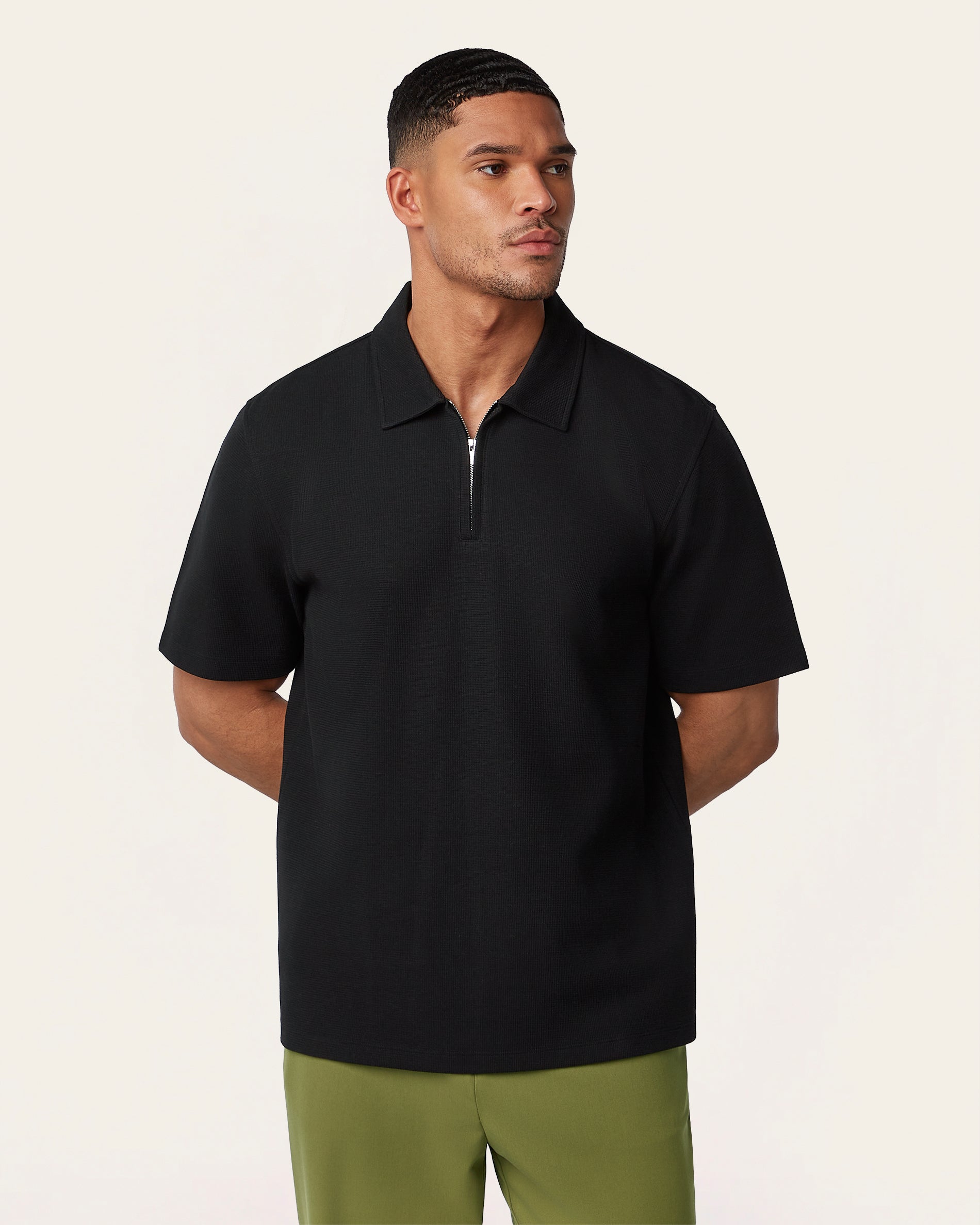 トップス trvo black hole polo Black Relaxed Fit Zip Polo – Odour Resistant | LABFRESH